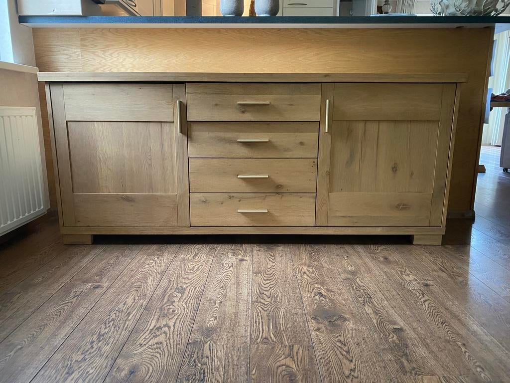 Massief eiken dressoir met lades en deuren, Ophalen, Eikenhout, Zo goed als nieuw, 200 cm of meer