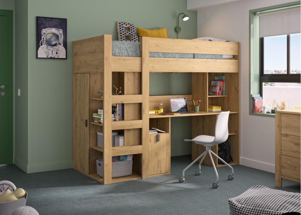 Lugano hoogslaper met bureau - 90x200 - Eiken, Niet ingevuld, Niet ingevuld, Niet ingevuld