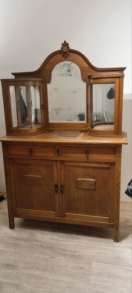 Antieke houten kast met spiegel en vitrines, Antiek en Kunst, Antiek | Meubels | Kasten, Ophalen
