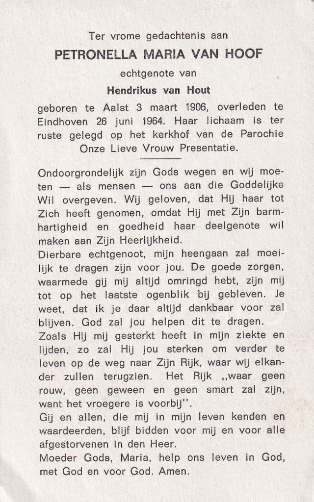 Hoof Petronella 1906 Aalst 1964 Eindhoven, Ophalen of Verzenden, Bidprentje