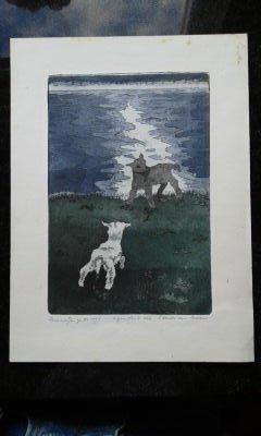 Lammetjes op de dijk, ets van Els Heide van Rossum., Ophalen of Verzenden, Flora en Fauna, Ets, 1950 - 1999
