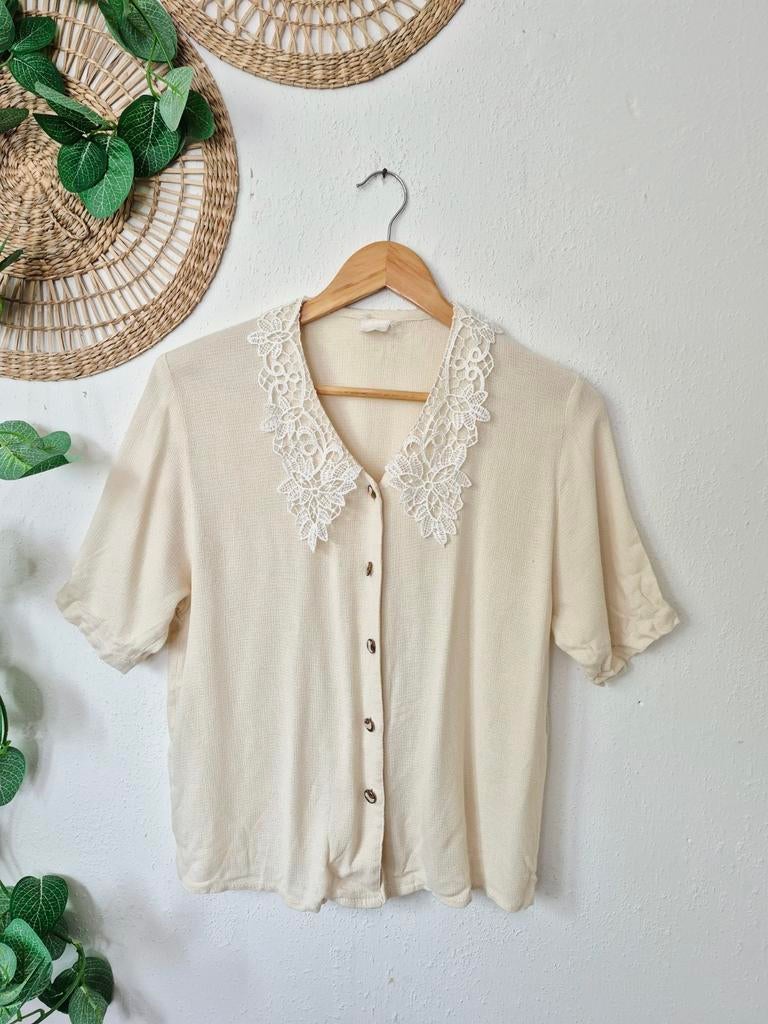 Vintage coquette blouse met kanten kraag M, Vintage, Ophalen of Verzenden, Zo goed als nieuw, Maat 38/40 (M)