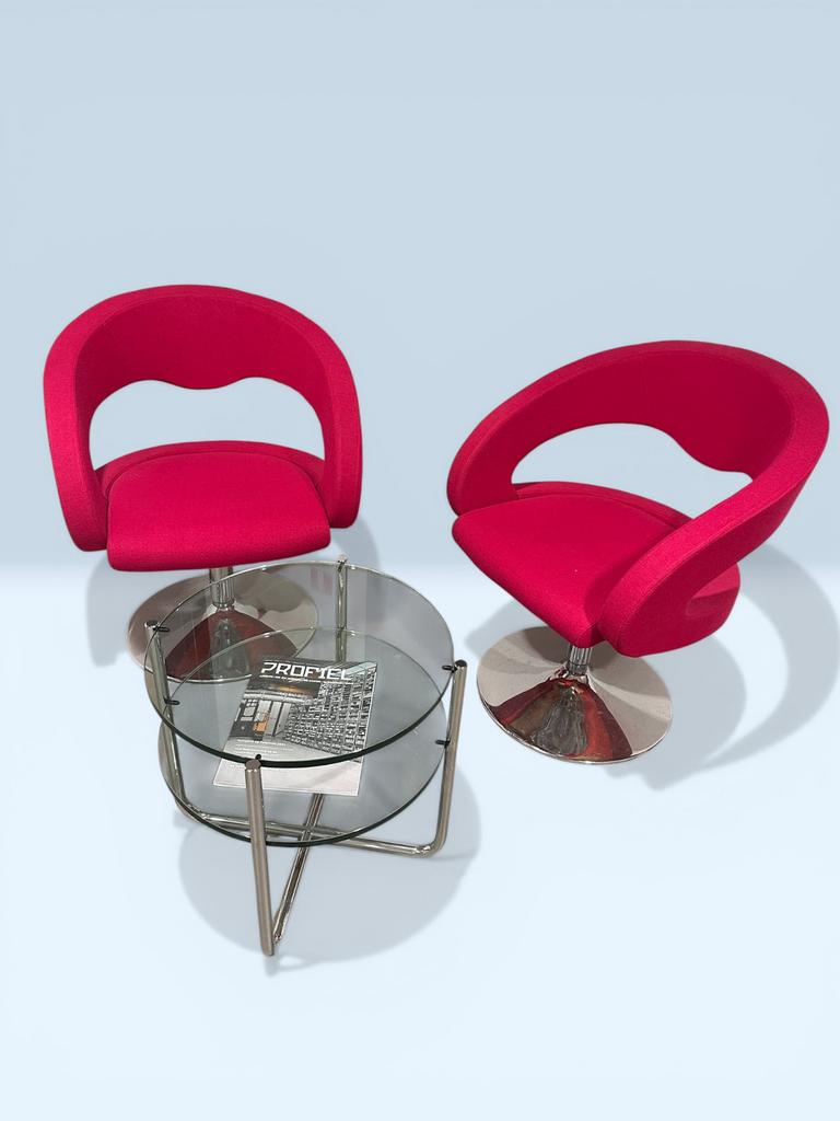 Glazen bijzettafel met twee roze of blauwe fauteuils, Minder dan 55 cm, Gebruikt, Rond, Glas