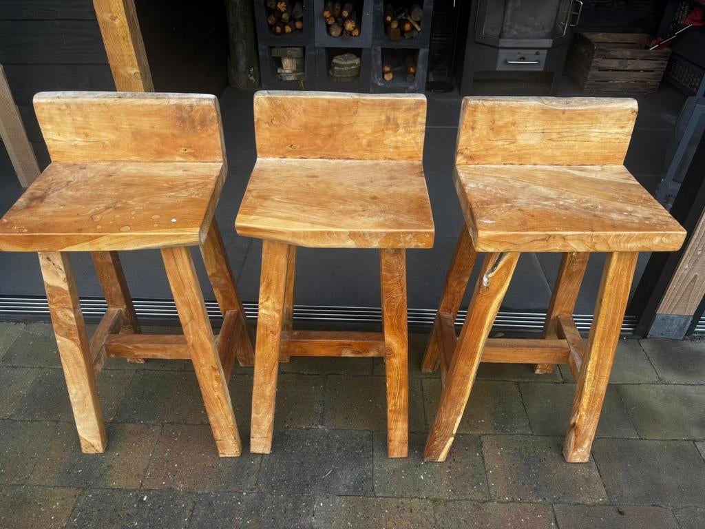 3 eiken houten barkrukken, Huis en Inrichting, Barkrukken, Ophalen, Met voetsteun, 60 tot 90 cm, Zo goed als nieuw