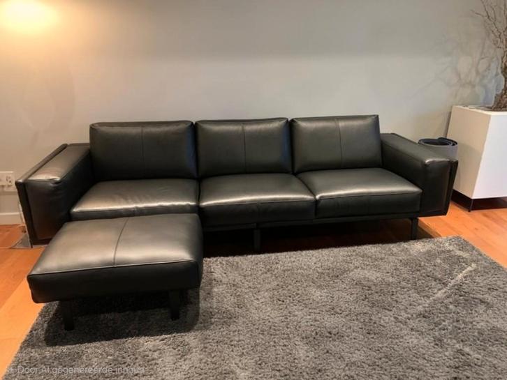 Leolux Bellice 3-zits bank incl. poef,  zwart leder, Huis en Inrichting, Banken | Complete zithoeken, Zo goed als nieuw, Ophalen of Verzenden