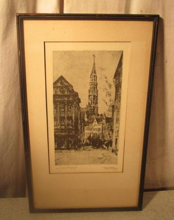 Mooi Oude Gravure 'Kathedraal en Huizen' - gesigneerd beschikbaar voor biedingen
