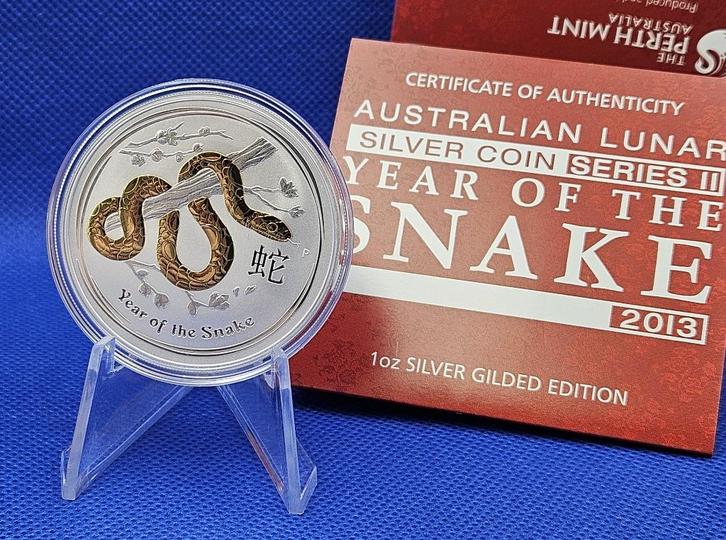 (10042) Australia LUNAR II  SNAKE 2013 GILDED  ONE OUNCE, Postzegels en Munten, Munten | Oceanië, Setje, Zilver, Ophalen of Verzenden