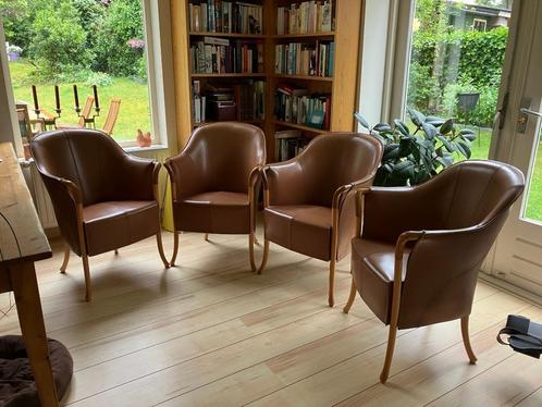 Giorgetti Progetti fauteuil set van 4, Huis en Inrichting, Stoelen, Zo goed als nieuw, Vier, Hout, Leer, Bruin, Ophalen