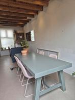 Grote houten eettafel 220 x 90 groen grijs a poten tafel, Huis en Inrichting, Tafels | Eettafels, Ophalen, Gebruikt, 200 cm of meer