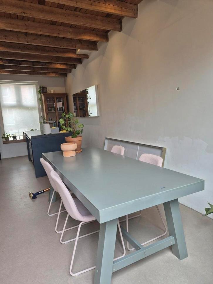 Grote houten eettafel 220 x 90 groen grijs a poten tafel, Huis en Inrichting, Tafels | Eettafels, Gebruikt, 50 tot 100 cm, 200 cm of meer