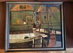 Schepen in de haven - schilderij olieverf met lijst, Antiek en Kunst, Ophalen of Verzenden