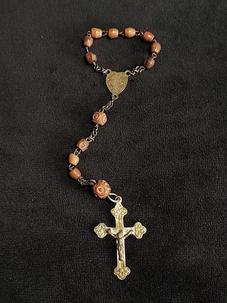 Antieke kleine Franse Rozenkrans met brons hout en kunststof, Antiek en Kunst, Antiek | Religie, Verzenden