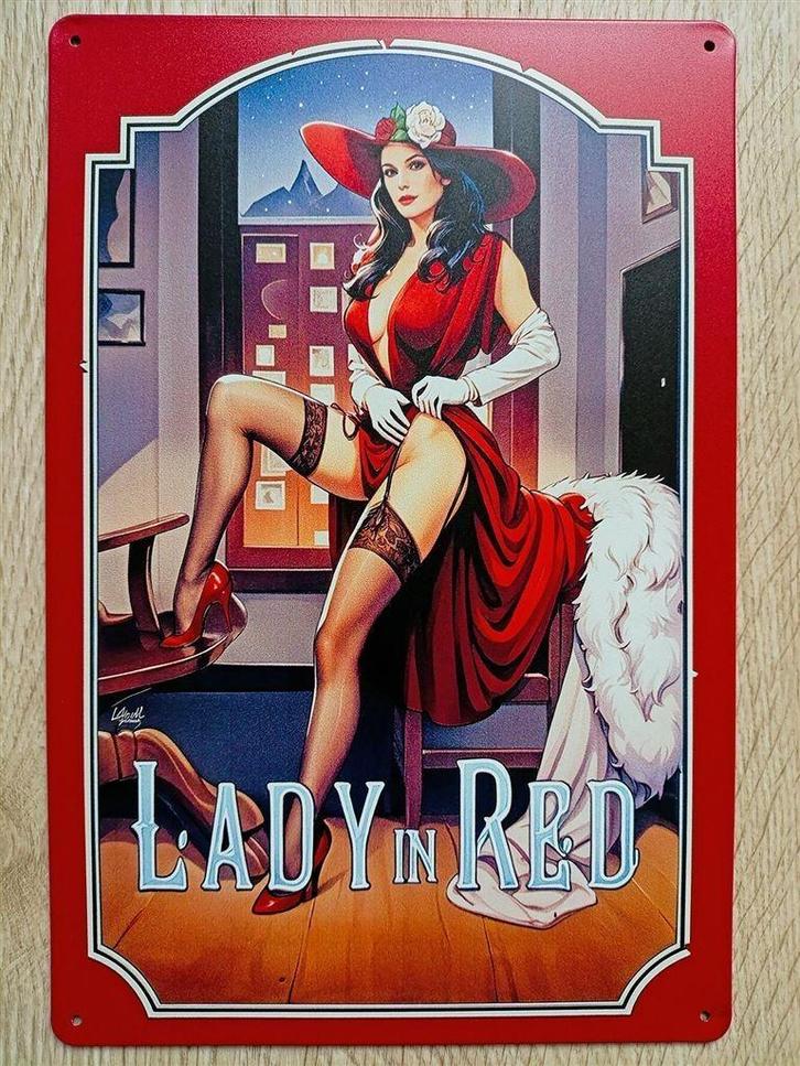 Lady in Red Sexy PinUp Retro Metalen Wandbord Poster, Huis en Inrichting, Woonaccessoires | Wanddecoraties, Nieuw, Ophalen of Verzenden