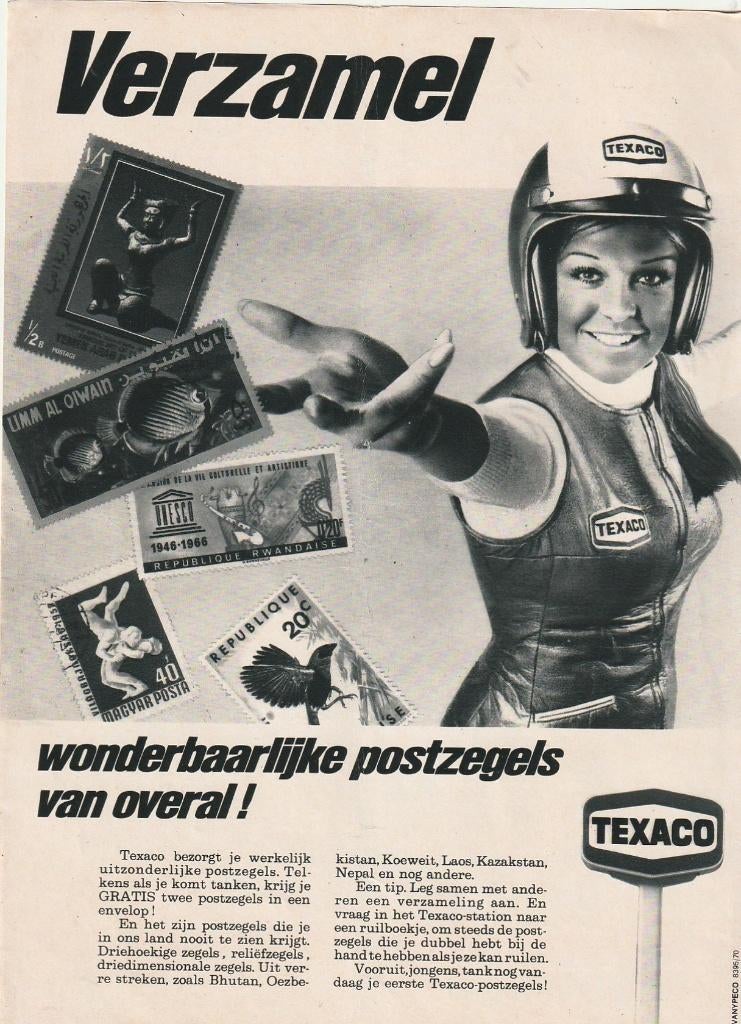 Retro reclame 1970 Texaco tankstation postzegels actie, Verzenden, Overige typen