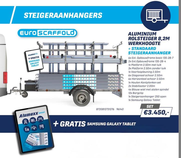 GRATIS SAMSUNG TABLET bij euroscaffold kar 135x250x8,2m, Doe-het-zelf en Verbouw, Steigers, Zo goed als nieuw, Rolsteiger of Kamersteiger