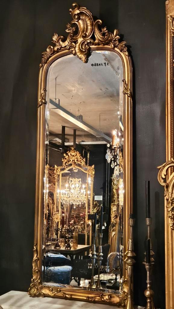 Antieke smalle hoge Franse kuifspiegel/schouwspiegel.., Antiek en Kunst, Antiek | Spiegels, 50 tot 100 cm, Rechthoekig, Ophalen of Verzenden