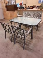Aluminium tuintafel met glazen blad en 4 aluminium stoelen, Ophalen, 4 zitplaatsen, Gebruikt, Eettafel