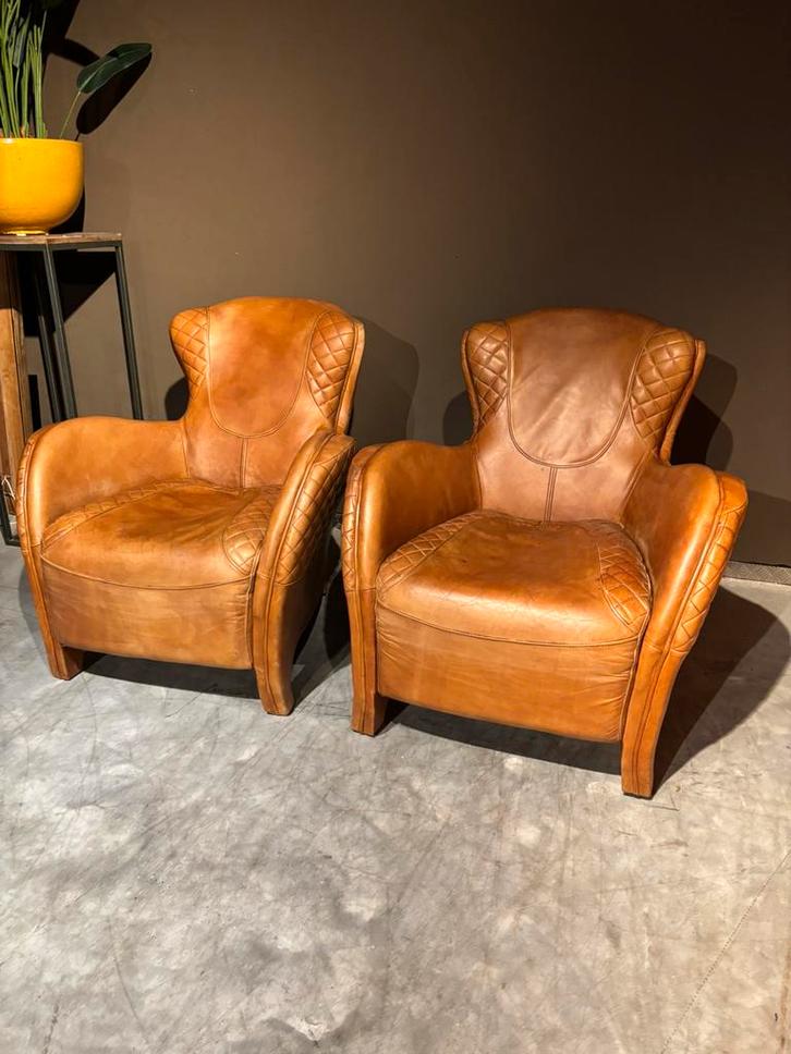Stoere Vintage Leren Saddle Chairs, Huis en Inrichting, Fauteuils, Gebruikt, Leer, 50 tot 75 cm, 75 tot 100 cm, Ophalen of Verzenden