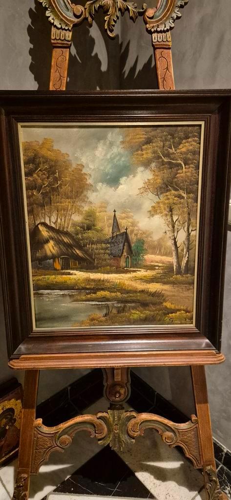 Schilderij: Kerkje in herfstlandschap olieverf op doek, Antiek en Kunst, Kunst | Schilderijen | Klassiek, Ophalen of Verzenden