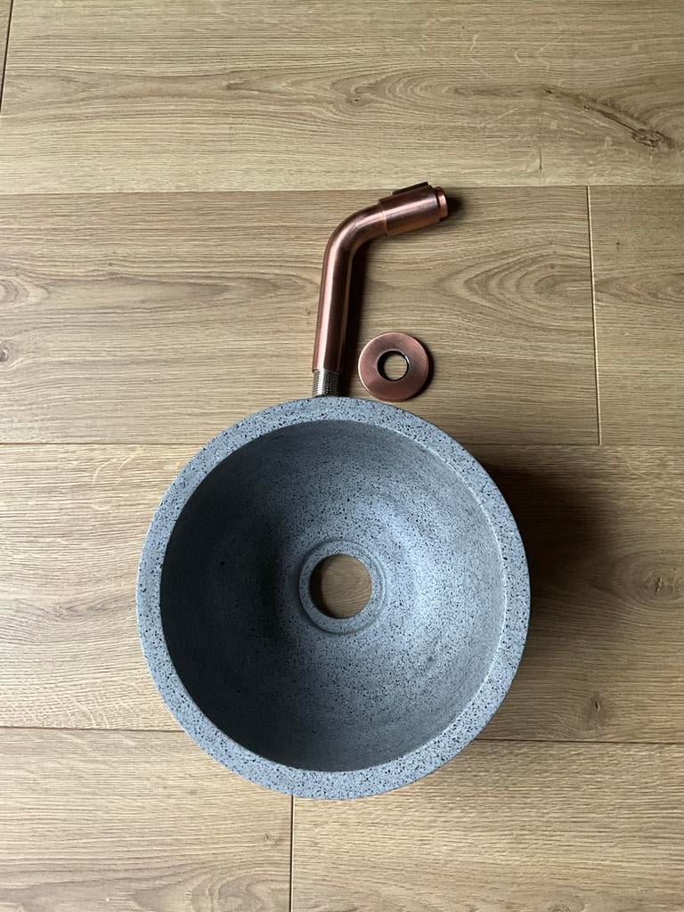Waskom Grijs Terrazzo 23cm + fonteinkraan koper, Ophalen of Verzenden, Nieuw