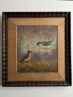 Antiek schilderij koolmezen krijt en aquarel in lijst, Ophalen of Verzenden