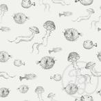 Family Fabrics Tricot katoen stof - Pufferfish vissen #3068, Hobby en Vrije tijd, Stoffen en Lappen, 120 cm of meer, Wit, Ophalen of Verzenden