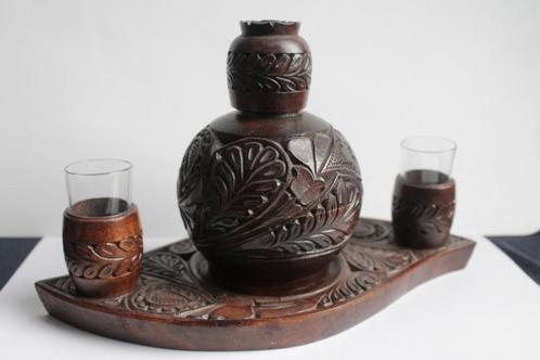 Likeurstelletje handgesneden hout met glazen, Antiek en Kunst, Curiosa en Brocante, Ophalen of Verzenden