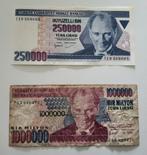 Twee biljetten Turkse Lira – 250000 en 1000000, Postzegels en Munten, Ophalen of Verzenden, Overige landen, Setje