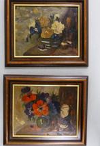 2x Veldbloemen jaren 70 - olieverf op paneel - gelijst, Ophalen of Verzenden