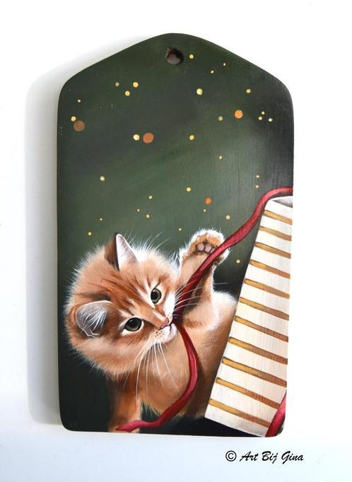 Ondeugende Kitten pakt uit, hand geschilderd op hout, Antiek en Kunst, Kunst | Overige Kunst, Ophalen of Verzenden