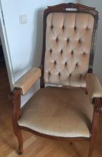 Antieke fauteuil met beige fluwelen bekleding, Hout, Gebruikt, 75 tot 100 cm, 50 tot 75 cm