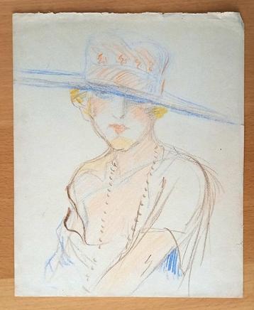 A493-3 Oude tekening Dame met hoed beschikbaar voor biedingen