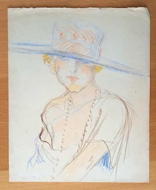 A493-3 Oude tekening Dame met hoed, Antiek en Kunst, Kunst | Tekeningen en Foto's, Ophalen of Verzenden