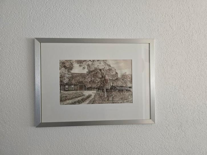 Schilderij Janny Jalving: Boerderij met Rietdak, Antiek en Kunst, Kunst | Tekeningen en Foto's, Ophalen of Verzenden