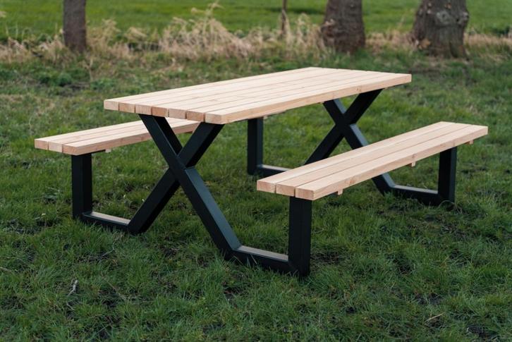 Douglas picknicktafels met stalen X frame, Tuin en Terras, Picknicktafels, Nieuw, Rechthoekig, Hout, Ophalen of Verzenden
