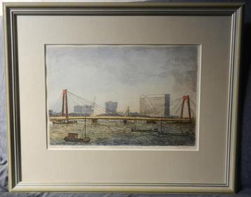 Ingekleurde ets Willemsbrug Rotterdam Huib W Bijl (1937-1997 beschikbaar voor biedingen