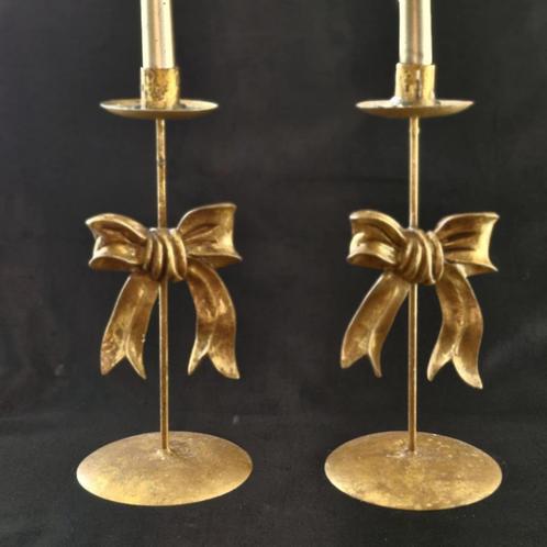 Prachtige brocante gouden kandelaars met strik, Antiek en Kunst, Antiek | Kandelaars, Kristal, Ophalen of Verzenden