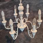 Wit stalen kroonluchter hanglamp met 6 lampenkapjes, Ophalen of Verzenden, Metaal, Conisch, Romantisch, Zo goed als nieuw