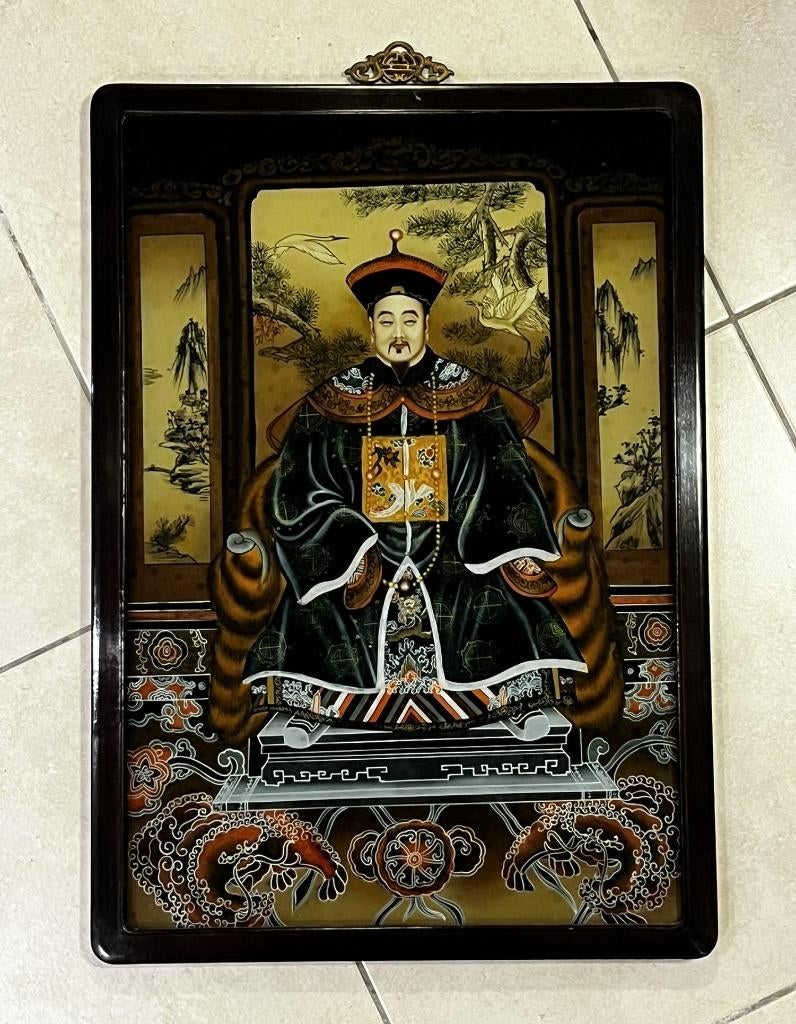 2 Op Glas Schilderijen van Chinese Keizer & Keizerin 49x70cm, Overige materialen, Minder dan 50 cm, Gebruikt, 50 tot 75 cm