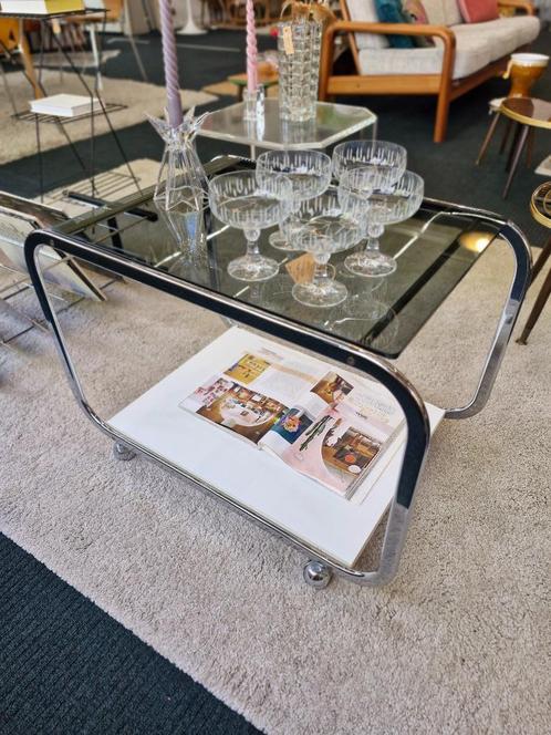 Vintage space age trolley bijzettafel rookglas / wit 70s, Verzamelen, Retro, Huis en Inrichting, Ophalen