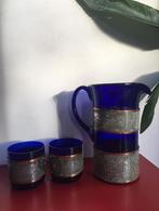Vintage donkerblauw Krakow jaren’70servies kan+2glazen uniek, Glas of Glazen, Ophalen of Verzenden, Overige stijlen, Glas