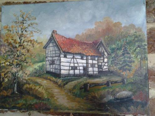Olieverfschilderij Vakwerkhuisje, Antiek en Kunst, Kunst | Schilderijen | Klassiek, Ophalen of Verzenden