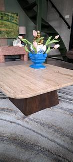 Eleanora Travertin Salontafel 80x80 - Donker Houten Poot, Vierkant, Zo goed als nieuw, Modern, Minder dan 50 cm