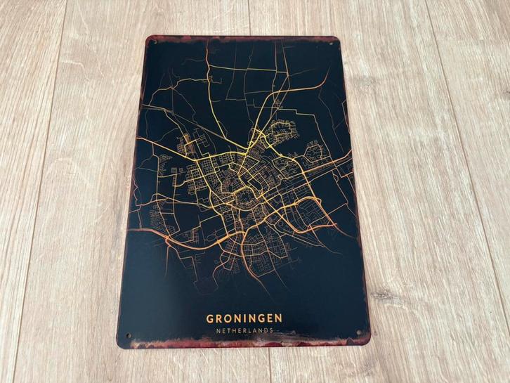 Vintage bord plattegrond van Groningen (20x30cm), Antiek en Kunst, Antiek | Wandborden en Tegels, Ophalen of Verzenden