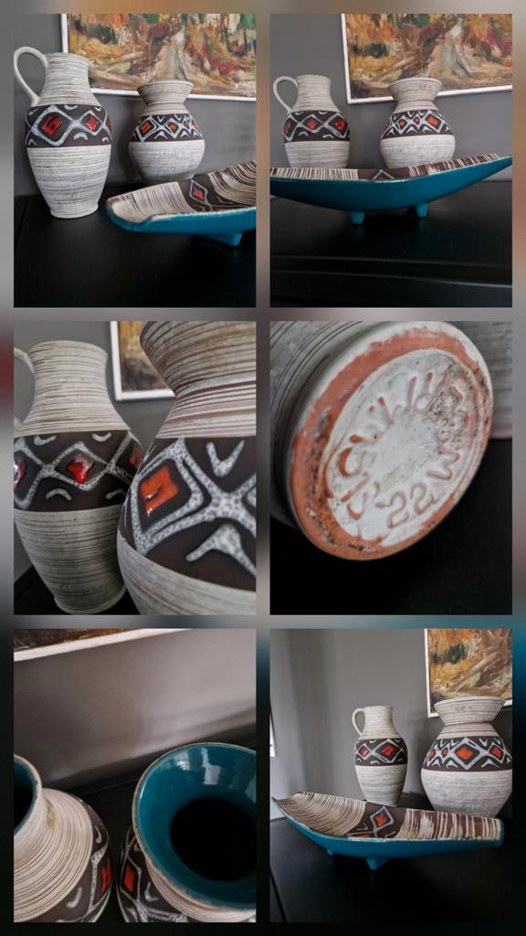 Art Deco 70s Keramiek Set - 3 Delig, Antiek en Kunst, Antiek | Vazen, Ophalen of Verzenden