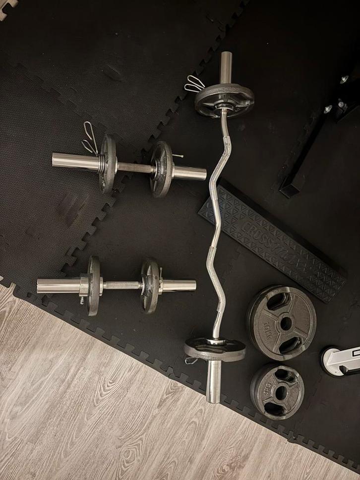 Fitness-set Halterstang, halters, gewichten, optrekstang, Sport en Fitness, Fitnessmaterialen, Gebruikt, Halterset, Ophalen