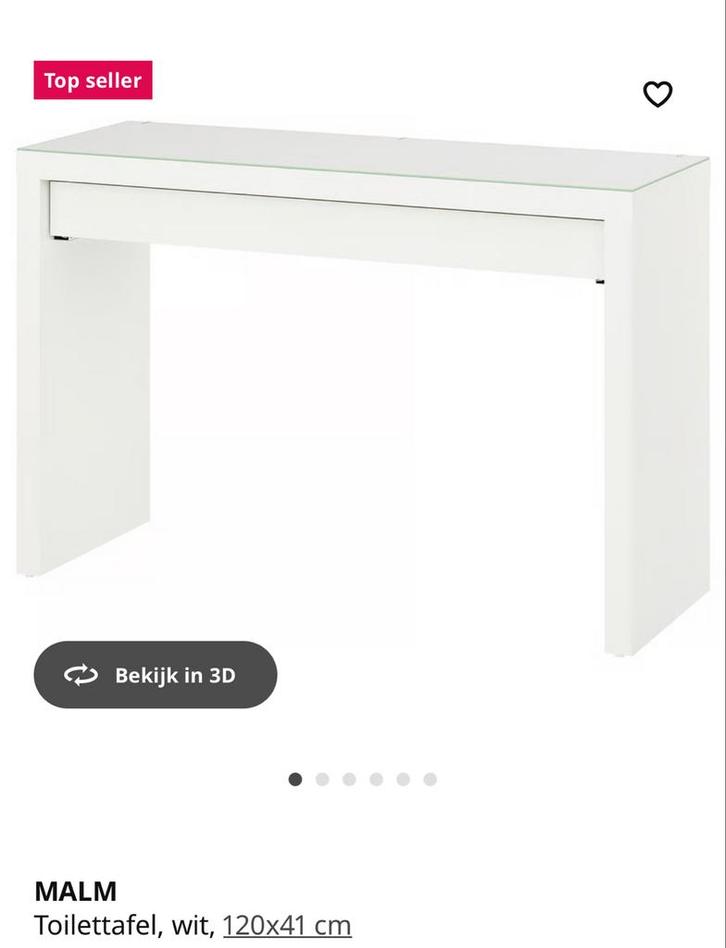 IKEA MALM Toilettafel Wit + Glasplaat, Huis en Inrichting, Tafels | Kaptafels, Gebruikt, Minder dan 100 cm, 100 tot 150 cm, Glas