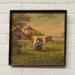 Oud olieverf schilderij melkende boerin koe schuur boerderij, Verzenden