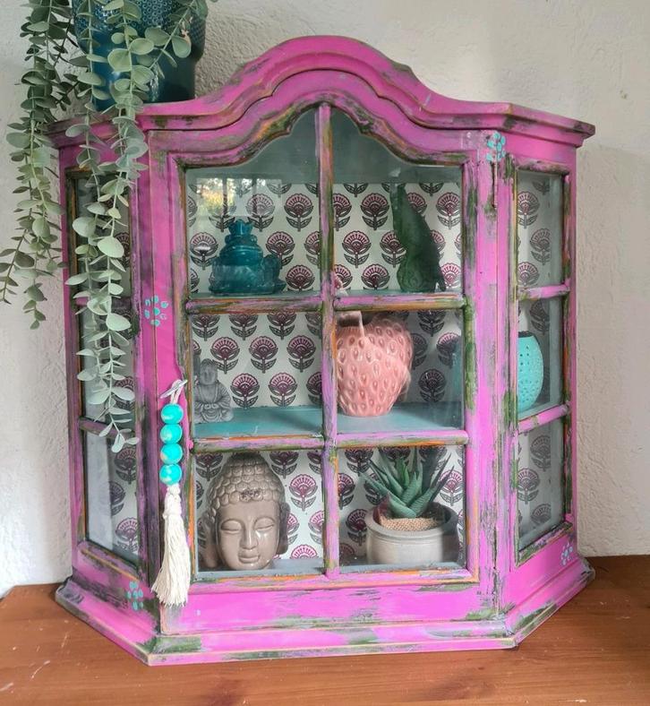 Boho retro vitrinekastje pronkkastje opzetkastje hangkastje, Huis en Inrichting, Kasten | Overige, Zo goed als nieuw, Ophalen