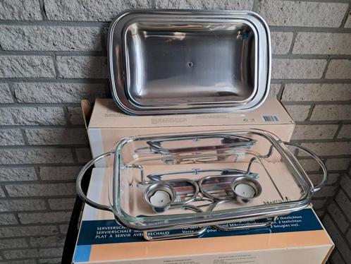 Glazen serveerschaal met rechaud en deksel., Huis en Inrichting, Keuken | Potten en Pannen, Zo goed als nieuw, Overige typen, Glas